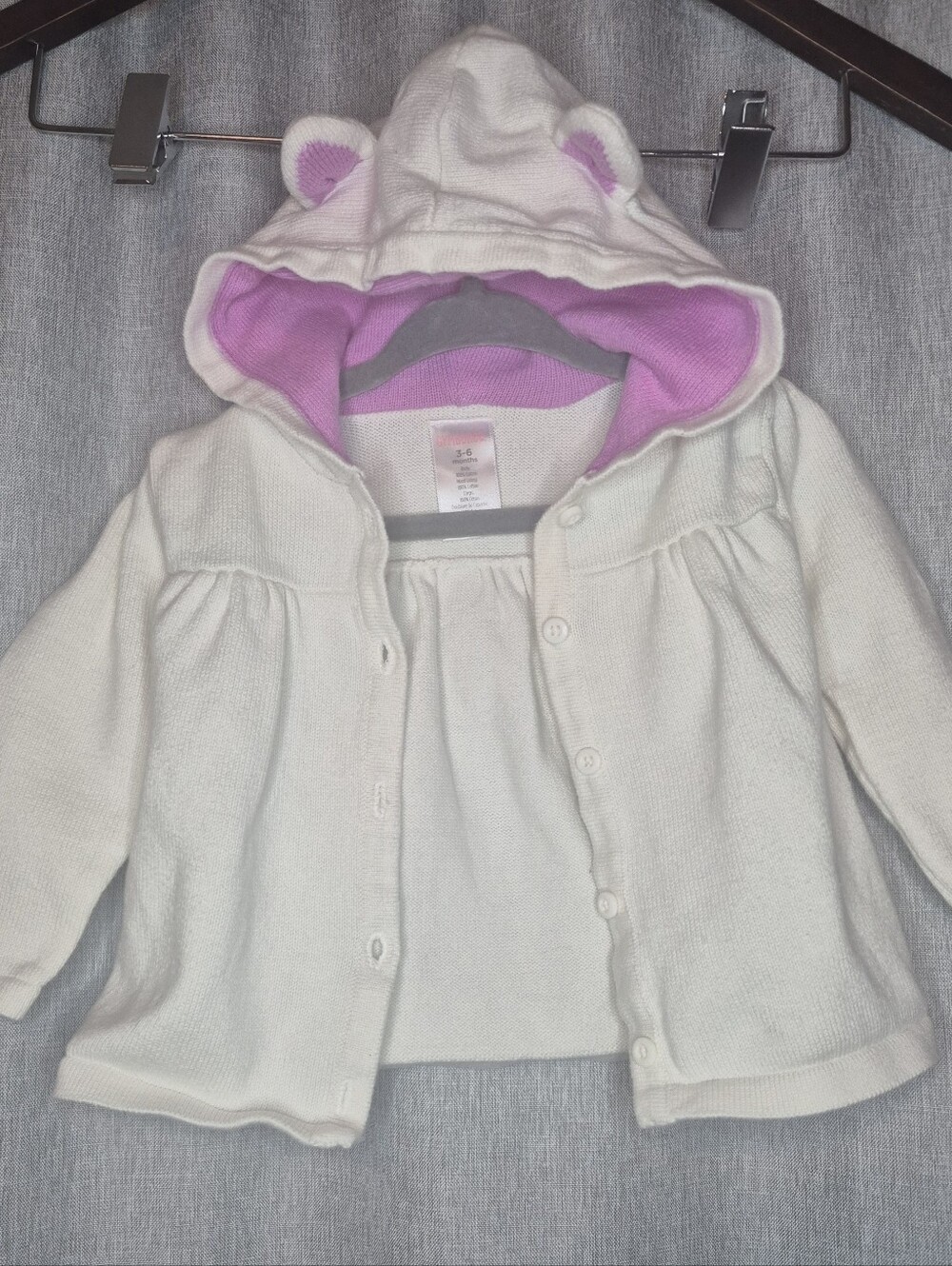 Gymboree Cream Knit Baby Sweater with Pink Hood Trim Size 3-6Mo